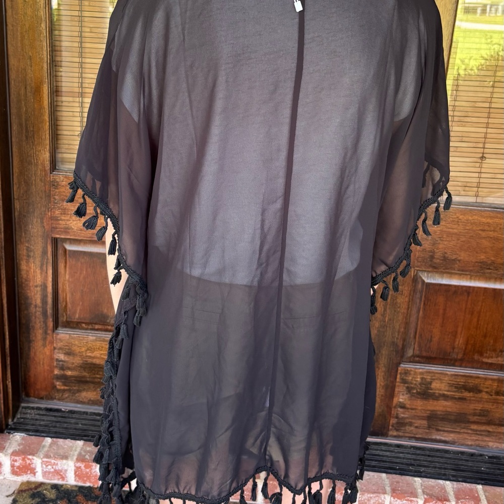 Black Sheer Swim Cover-Up with Tassels - Picture 2 of 2